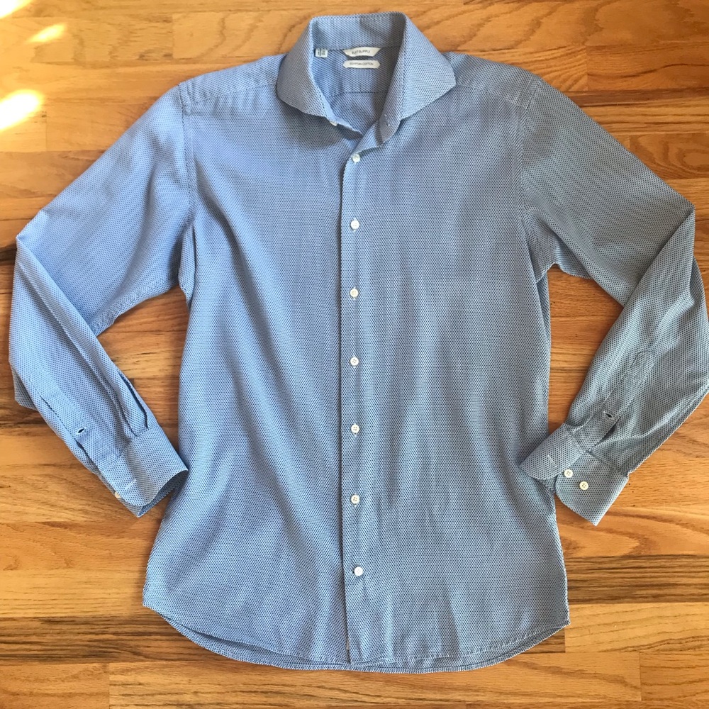 SUITSUPPLY Textured Blue Button Down Shirt 15.5x39